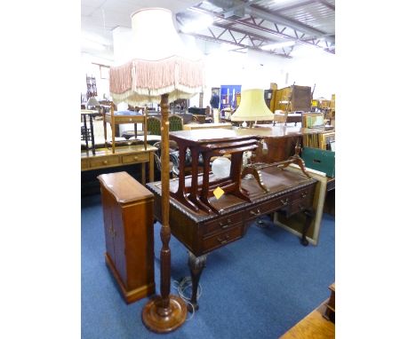 A MAHOGANY COFFEE TABLE, with brass inlay, nest of three tables and a standard lamp with shade (3)