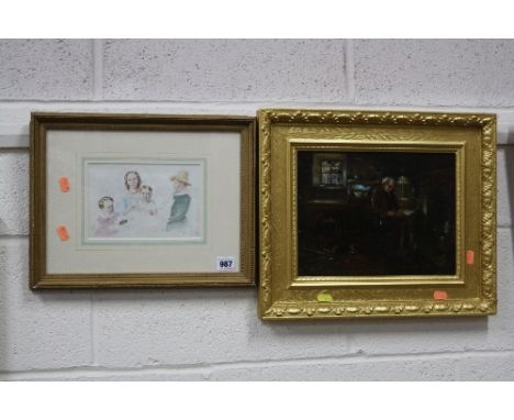A DUNN, family portrait, watercolour, signed and dated 1934, approximately 12.5cm x 19cm, together with gent reading over pai
