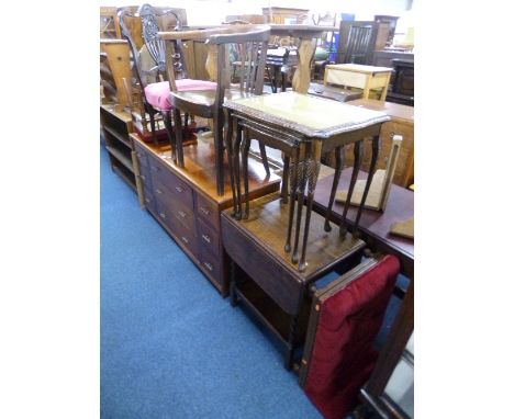 A BENTWOOD ARMCHAIR, nest of three tables, oak tea trolley, stool, two chairs and a picture (7)