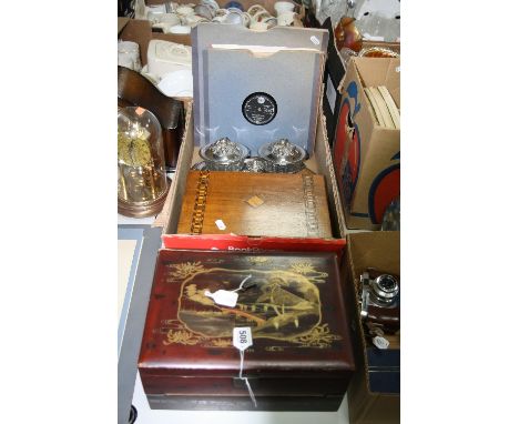 A LACQUERED WRITING SLOPE, (key), an inlaid work box, small snuff, plated wares, records etc