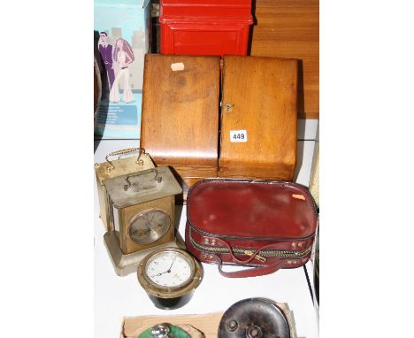 A LETTER RACK, with front double door opening (interior a/f) (key), together with cased French boules, a carriage clock (key)