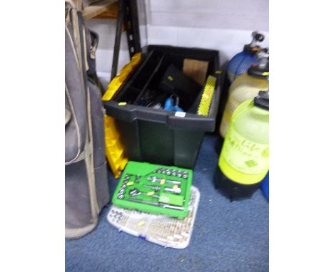 A WORK BOX, containing a quantity of various tools including ratchet sets, drill sets, plumbers pliers, various electrical to