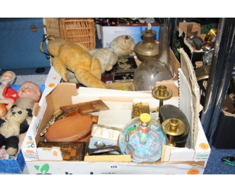 TWO BOXES OF SUNDRIES, to include two jointed Teddy Bears (worn), oil lamp and shade, binoculars, metalwares etc 