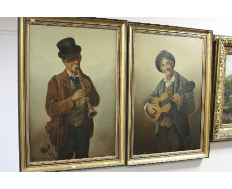 TWO PORTRAIT STUDIES, Musicians, gent with guitar and gent with clarinet, indistinctly signed, oils on canvas, approximately 