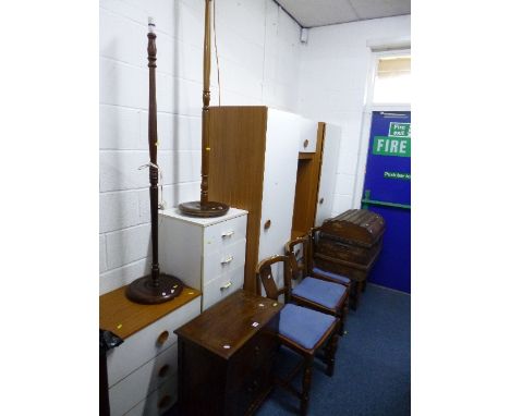 AN OAK BEDSIDE UNIT, a set of four oak chairs, tin trunk and two standard lamps (8)