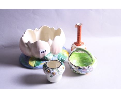 CLARICE CLIFF FOR NEWPORT POTTERY WATER LILY BOWL, No.793, together with a Carltonware vase, Maling lustre basket and an orie