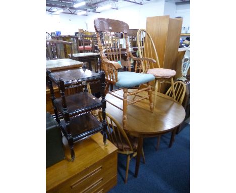 THREE BLONDE ERCOL STYLE CHAIRS, armchair, what-not and a painters easel (6)