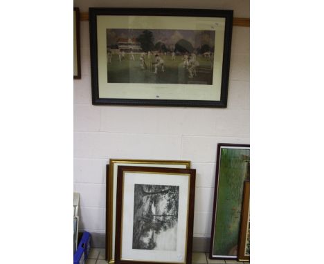PRINTS, to include Kent V Lancashire at Canterbury 1906 Cricketing print, 'February Fill Dyke', 'A Silvian Lake', Fred Slocom