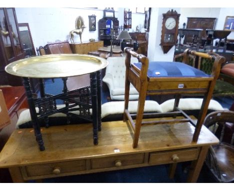 A PIANO STOOL, and a brass tray top folding table (2)