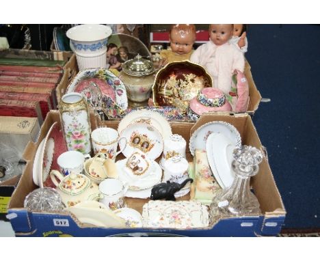 TWO BOXES OF CERAMICS, GLASS, DOLLS, etc, to include Maling, Royal Winton, Noritake, Carltonware, Reliable doll etc