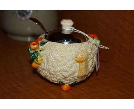 CLARICE CLIFF FOR NEWPORT POTTERY PRESERVE POT AND SPOON, 'Celtic Harvest' pattern with black mark to base, seconds ?