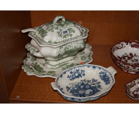 MASONS 'FRUIT BASKET' (GREEN) TUREEN, STAND AND LADLE, together with Masons 'Fruit Basket' (blue) design twin handled dish (2