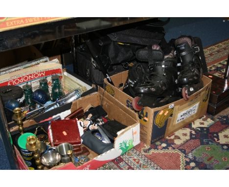 THREE BOXES AND LOOSE ITEMS, to include roller blades, boxed perfume sets, Acer laptop, soft cases etc