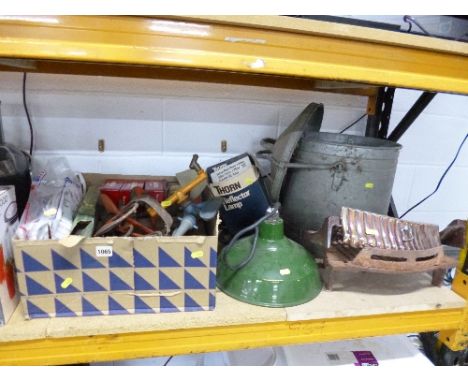 A BOX AND LOOSE, containing a quantity of metal miscellaneous including various tins, ceiling lamp and a galvanised bin