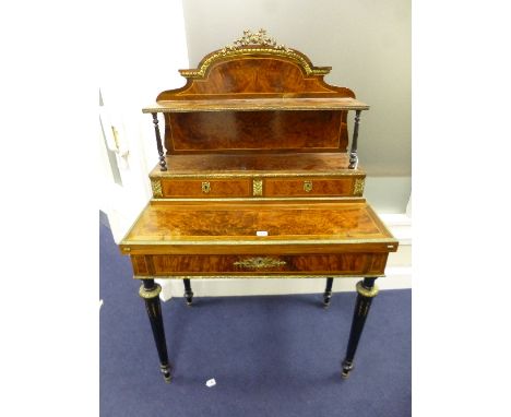 A LADIES BONHEUR DU JOUR, with string inlay surrounding burr walnut veneer panels, two division long drawer under folding pur