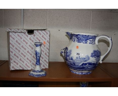 A SPODE 'ITALIAN' DESIGN DAIRY JUG, height approximately 31cm and a candlestick, height approximately 23cm (with a box)