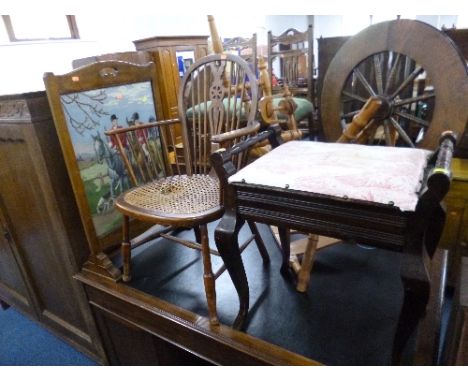 A WHEELBACK WINDSOR STYLE ARMCHAIR, with cane work seat, piano stool and a firescreen (sd) (3)