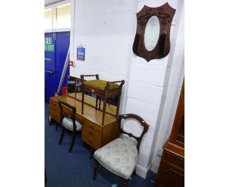 AN EDWARDIAN PIANO STOOL, pair of Victorian chairs and a wall mirror (4)