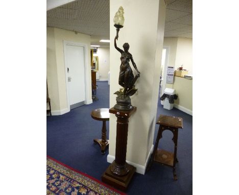 A LARGE FRENCH BRONZED SPELTER FIGURAL LAMP 'LA PAIX', on separate column plinth, approximate height including plinth 222cm (