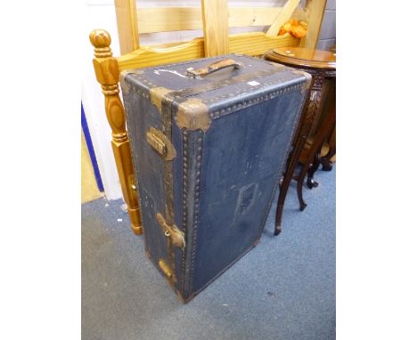A TRAVELLING TRUNK, and a box of lead glazed window panels