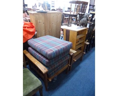 TWO HARDWOOD RECLINING CHAIRS, with loose cushions, a small hardwood shelf unit with drawer, tray and an elephant figure (sd,