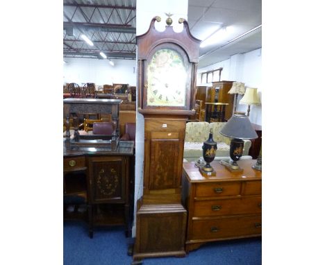 A 19TH CENTURY MAHOGANY INLAID LONGCASE CLOCK, the 30 hour movement being of part wood construction, wooden painted arched fa