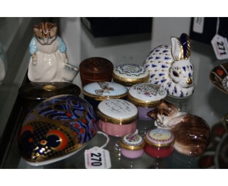 VARIOUS ORNAMENTS, enamel boxes etc, to include Royal Crown Derby 'Computer Mouse' and 'Rabbit' (seconds) paperweights, Crumm