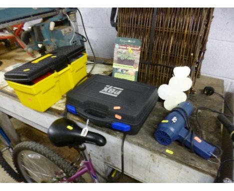 A BOXED ELECTRIC DRILL, electric heat gun and a plastic box containing hand tools, etc