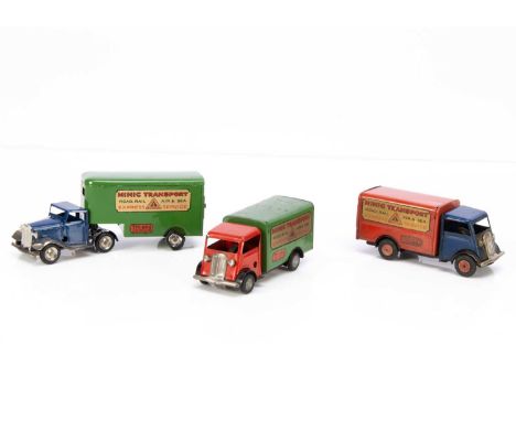 Tri-ang Minic Tinplate Clockwork Post-War Transport Vans, 30M Articulated Pantechnicon, blue cab, green single wheel set trai