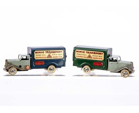 Tri-ang Minic Tinplate Clockwork Pre-War 21M Transport Vans, two examples, first grey cab, blue van body, second grey cab, gr
