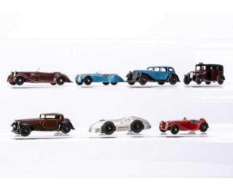 1940's-50's Dinky Toy Cars, 38a Frazer Nash, blue body, grey seats, 38f Jaguar SS100, red body, maroon interior, 38c Lagonda 