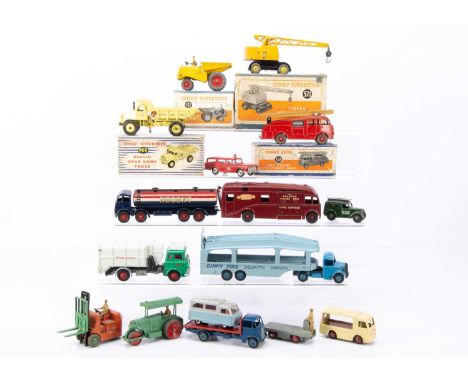 Dinky Toy Commercial Vehicles, 965 Euclid Rear Dump Truck, 571 Coles Mobile Crane, 555 Fire Engine, 562 Dumper Truck, in orig