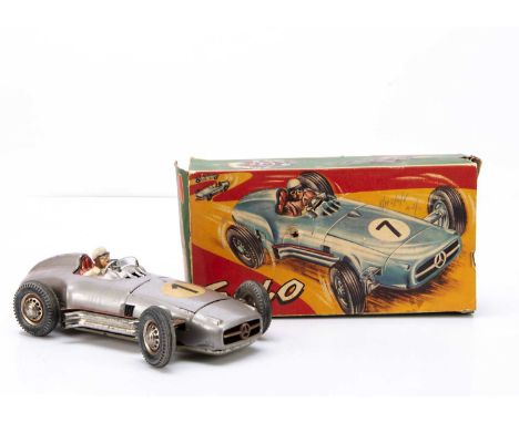 A Josef Neuhierl JNF 'Solo' Mercedes-Benz Racing Car, tinplate battery-operated toy, silver body, RN1, detailed tinprinted in