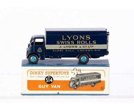 A Dinky Supertoys 514 Guy 'Lyons' Van, 1st type dark blue cab/chassis/body, mid-blue ridged hubs, in original box, VG, under 