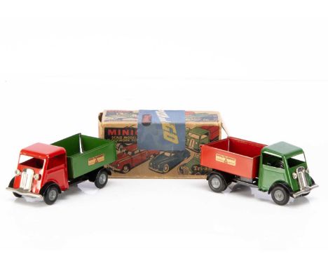 Tri-ang Minic Tinplate Post-War 86M Forward Control Type Tip Lorries, two examples, first red cab, green tipper, diecast whee