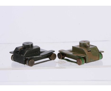 Tri-ang Minic Tinplate Clockwork Pre-War 20M Army Tanks, two examples, first dull olive green body, movable turret, wooden wh