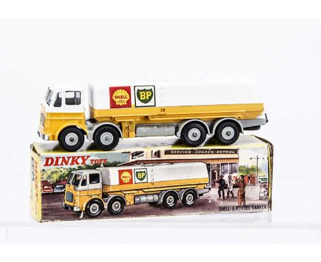 A Dinky Toys 944 Leyland Octopus 'Shell-BP' Tanker, white/yellow cab and body, grey chassis and plastic hubs, in original box