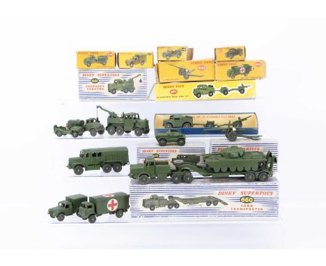 Boxed Military Dinky Toys, 660 Tank Transporter, 651 Centurion Tank, 661 Recovery Tractor, 689 Medium Artillery Tractor, 697 