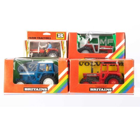 Britains 1970s-80s 1:32 Scale Tractors, No.9520 Massey Ferguson 135, No.9521 Volvo BM 2654, No.9523 Ford TW20, No.9529 Massey