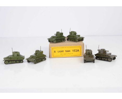 A Dinky Toys 152a Light Tank Trade Box, containing six examples, four military green, no markings, chain tracks, aerial, two 
