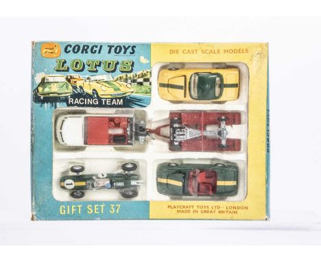 A Corgi Toys Gift Set 37 Lotus Racing Team, comprising 490 VW Breakdown Truck, red trailer, 318 Lotus Elan S2 Open Top, 319 L