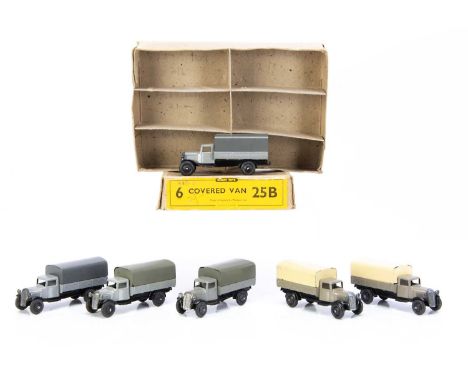 A Dinky Toys 25b Covered Van Trade Box, containing six examples, all type 3 closed chassis, two grey with dark grey tilts, tw