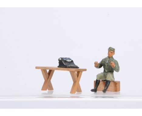Elastolin 70-75mm scale composition rare WW2 German Army typist with original lead typewriter and wooden table,  VG, (3 pcs)