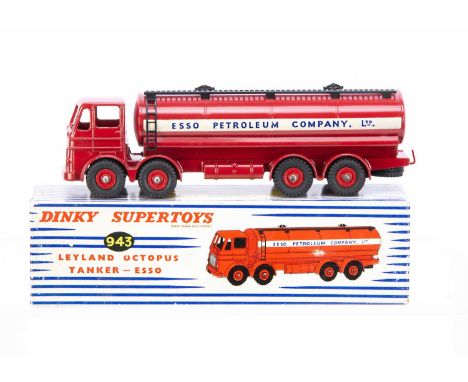A Dinky Supertoys 943 Leyland Octopus 'Esso' Tanker, dark red cab, body and chassis, red grooved hubs, in original box, VG, f