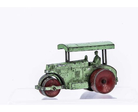 Early Lesney Large Scale Road Roller, light green body, with driver, red roller wheels, rear canopy support without cross bra