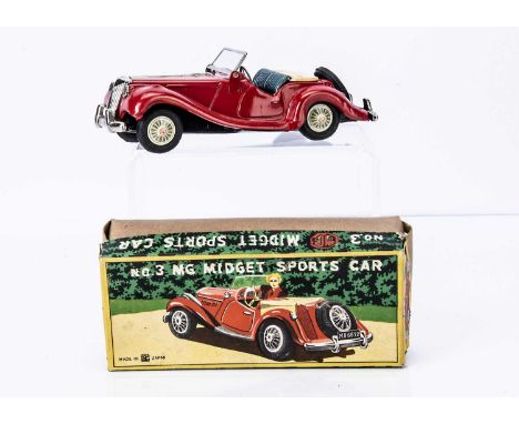 A Bandai Tinplate Friction Drive MG Midget Sports Car No.3, red body, steel blue seats, tan tonneau, detailed tinprinted dash
