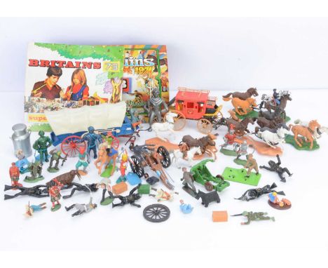 A lot of plastic figures and accessories and vehicles by various makers including Airfix and Britains comprising Herald 1973 