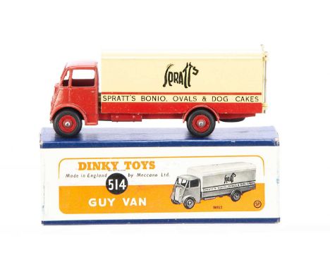A Dinky Toys 514 Guy 'Spratts' Van, 1st type red cab, chassis and grooved hubs, cream/red van body, in original box, E, just 