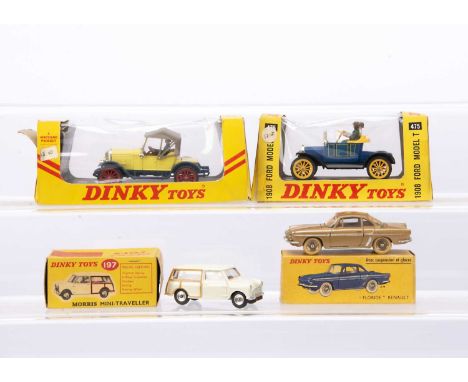 Boxed Dinky Toy Cars, 197 Morris Mini-Traveller, cream body, red interior, spun hubs, 475 1908 Ford Model T, 476 1913 Morris 