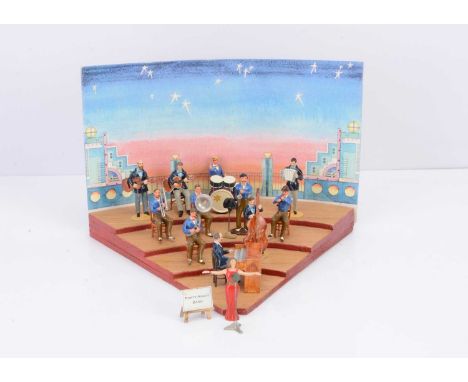 Party-Night Band, standard 'Britains' 54mm scale loose band, 12 figures plus instruments and accessories, with wooden stepped